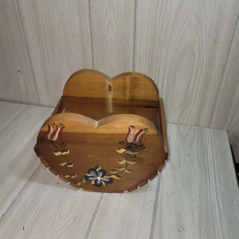Vtg Handcrafted Wooden Heart Box Handpainted Floral Design Retro Farmhouse